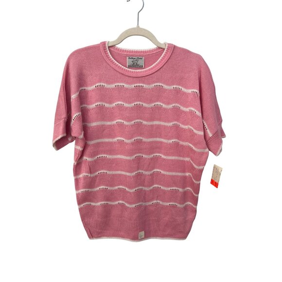 Vintage 90s College Point Short Sleeve Sweater Size XL Pink White NEW Deadstock - Picture 1 of 7